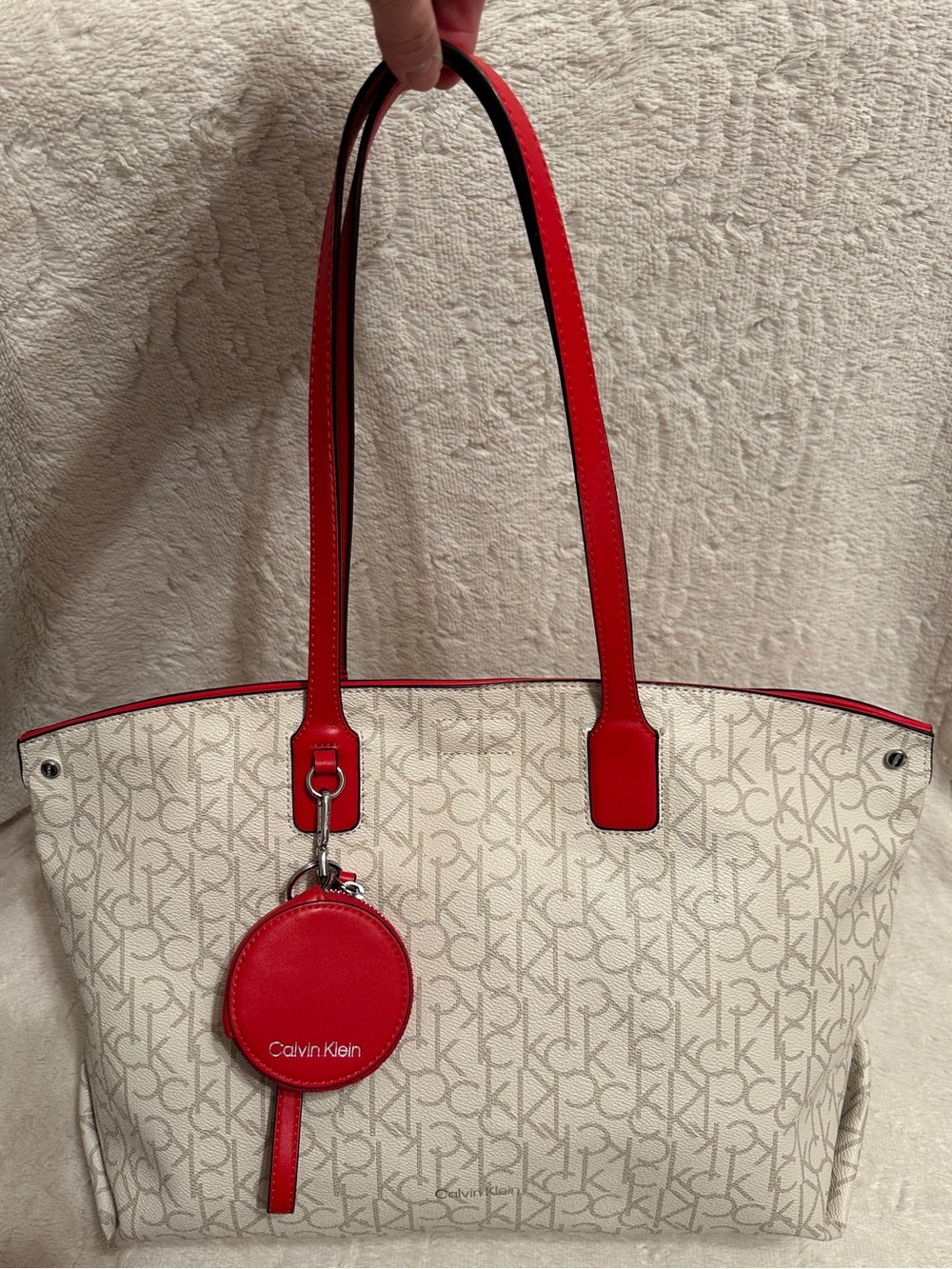 Calvin Klein Purse Red & Beige Monogram Print